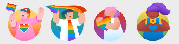 illustrations, cliparts, dessins animés et icônes de défilé de la fierté lgbtq+, célébration du mois de la fierté, personnes avec le signe de la fierté, illustration vectorielle - symbols of peace flag gay pride flag banner