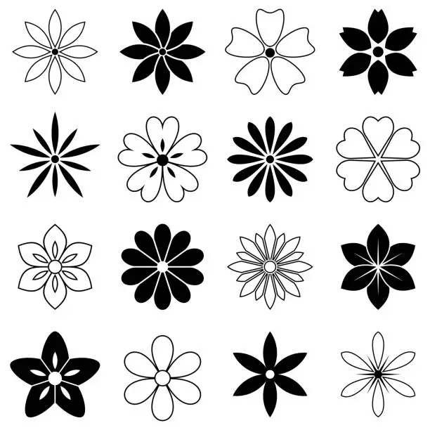 Vector illustration of Simple flower vector set on white isolated background.