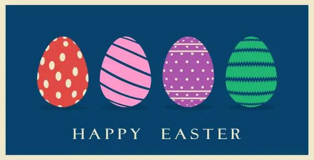 Vector illustration of Happy Easter Egg with greetings on dark blue background.