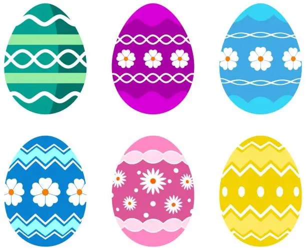 Vector illustration of Six simple Happy Easter Egg set on white isolated background