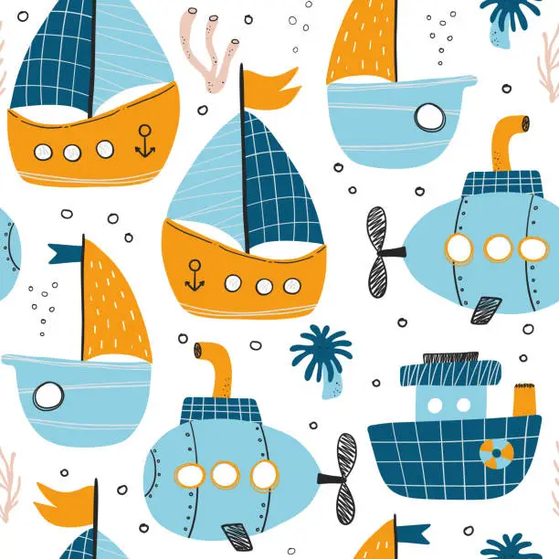 Vector illustration of Vector hand-drawn colour seamless repeating childish simple pattern with cute ships in Scandinavian style on a white background.