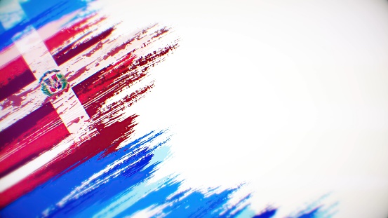 Dominican Republic flag paint brush on white background, The concept of drawing, brushstroke, grunge, paint strokes, dirty, national, independence, patriotism, election, template, oil painting, pastel colored, cartoon animation, textured effect