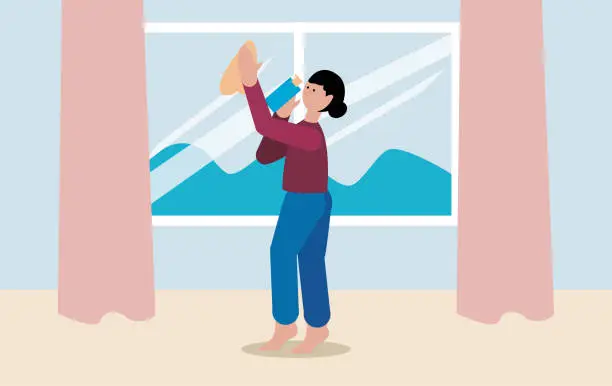 Vector illustration of Young housewife cleaning her home. Young woman, who is holding a cloth and window cleaning spray, cleaning her window at home. cleaning and wiping window with spray bottle and rag. vector.