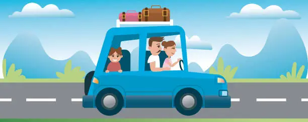Vector illustration of Concept of adventures of family vacations. Happy family are travelling together by car. Father, mother, daughter, and son. Beautiful mountains landscape. Car on road trip.