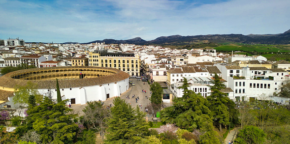 Ronda, Spain - April 2023: Aerial view of city skyline