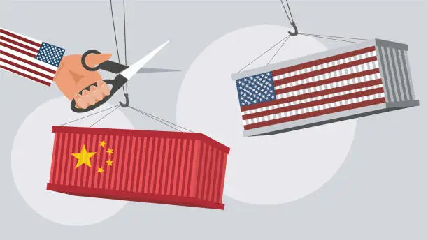 Vector illustration of USA and China trade war concept, port crane lift two cargo containers. vector illustration backgrounds. Isolated. vector