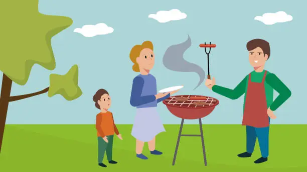 Vector illustration of Family outdoors barbecue picnic in summer park. Mother and father standing together, grilling grilled barbeque meat, child standing behind his mother on green grass meadow background.