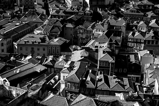 View of the rooftops of the center of the old city of Porto, Portugal. Black and white photo.