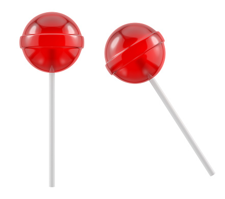 Red lollipop on white plastic stick. Isolated sweet candy. 3D rendered image