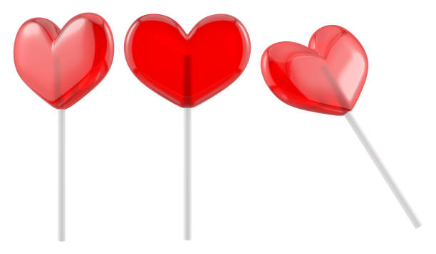 istock Red lollipop heart on white plastic stick. Isolated sweet candy. 3D rendered image. 1488204207