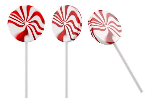 Round lollipop with red and white swirl stripes on white plastic stick. Isolated sweet candy. 3D rendered image