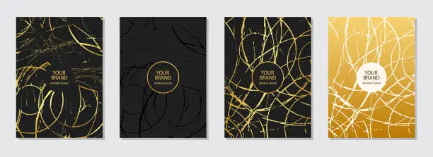 Vector illustration of Trendy cover design set. Black embossed 3d background, golden texture. Geometric pattern with circles, cracks, scratches. Luxury grunge collection.
