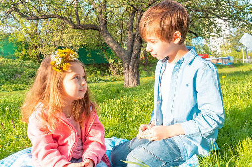 Adorable little girl and her brother sitting on green lawn and looking each other