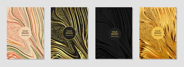 Vector illustration of Trendy cover design set. Relief 3D backgrounds, golden texture. Geometric avant-garde marble pattern.Luxury grunge collection.