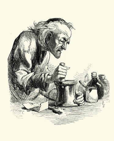 Vintage illustration of An Apothecary making the poison, from William Shakespeare's Romeo and Juliet illustrated by John Gilbert, Victorian 19th Century