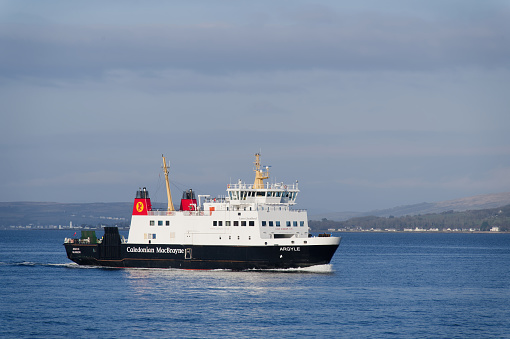 Argyll and Bute, Scotland, UK, April 3rd 2023, Caledonian MacBrayne ferry sailing following repair works