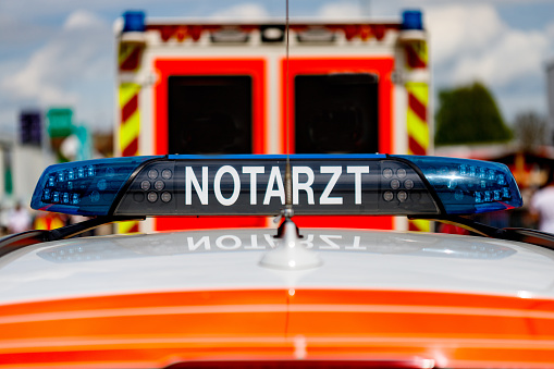 A German emergency medical vehicle in Treuchtlingen, Bavaria, Germany.  Notarzt transplation: Emergency doctor