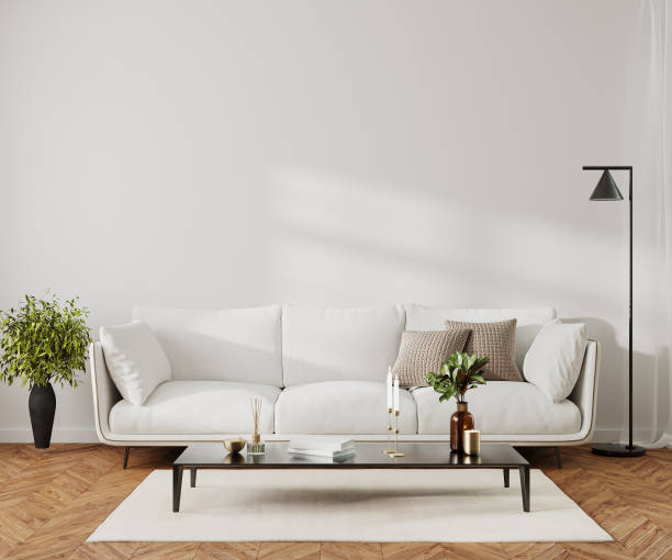 istock Modern home living room interior with white sofa and coffee table with decor, 3d render 1488208203