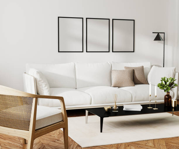 istock Poster blank frame mock up in home living room  interior with white sofa and coffee table with decor, 3d rendering 1488208221