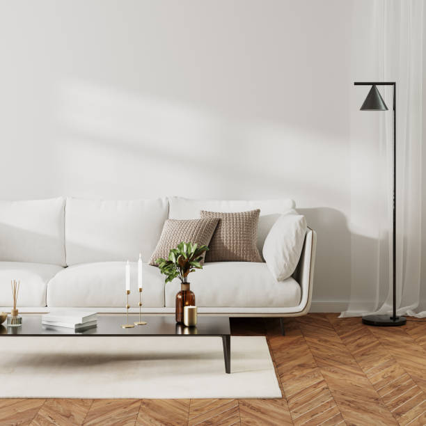 istock Home living room  interior with white sofa and coffee table with decor, sunlight on white wall, 3d render 1488208225