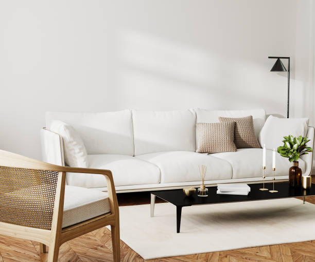istock Home living room  interior with white sofa and coffee table with decor, sunlight on white wall, 3d render 1488208232
