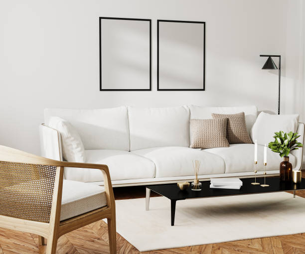 istock Poster blank frame mock up in home living room  interior with white sofa and coffee table with decor, 3d rendering 1488208248