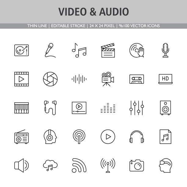 ilustrações, clipart, desenhos animados e ícones de conjunto de ícones de áudio e vídeo. traço editável. pixel perfeito. - really simple syndication