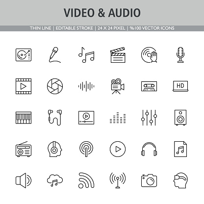 Video and audio icon set. Editable stroke. Pixel perfect.