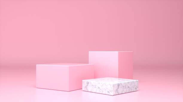 istock Three empty Marble glossy stands and abstract Pink geometry background. Podium, pedestal, platform for cosmetic product presentation, showcase. Minimalist mock up scene, concept template. 3d render 1488222760