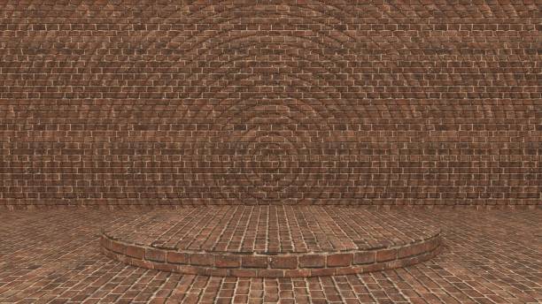 Bricks podium and minimal abstract geometry background. Round podium, pedestal, platform for cosmetic product presentation, showcase. Minimalist mock up scene, concept template. 3d render