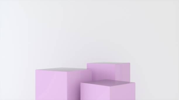 istock Three empty Pink glossy stands and abstract white geometry background. Podium, pedestal, platform for cosmetic product presentation, showcase. Minimalist mock up scene, concept template. 3d render 1488223616