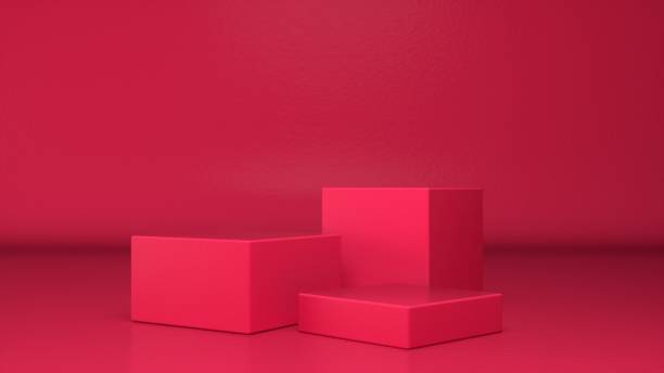 istock Three empty stands and abstract Red glossy geometry background. Podium, pedestal, platform for cosmetic product presentation, showcase. Minimalist mock up scene, concept template. 3d render 1488223626