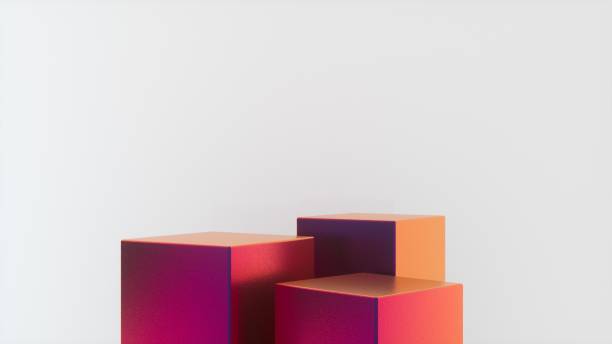 istock Three empty Colorful glossy stands and abstract white geometry background. Podium, pedestal, platform for cosmetic product presentation, showcase. Minimalist mock up scene, concept template. 3d render 1488223650