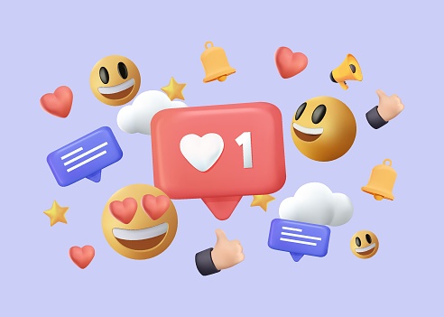 3D Social media platform, Social media 3d concept. Like, heart, thumbs up and smile emoji. 3D render SMM online communication isolated on blue background