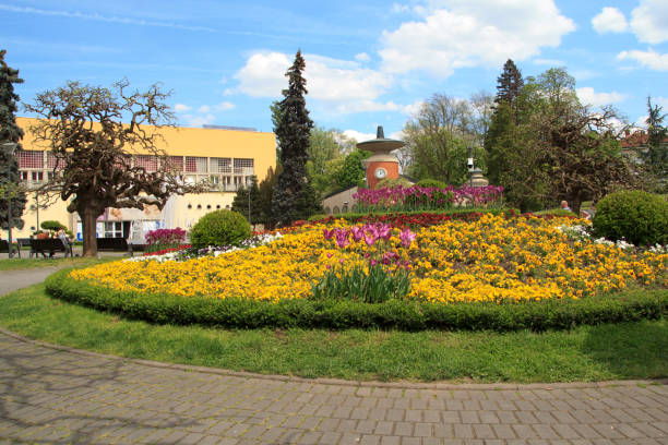 Vrnjacka Banja, Serbia, 05-02-2023, Park in town center of  Vrnjacka Banja on a nice may spring day, with people walking and enjoying beautiful weather