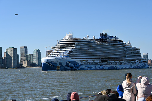 New York City, United States, April 9, 2023 - The cruise ship Norwegian Prima on the Hudson River in New York.