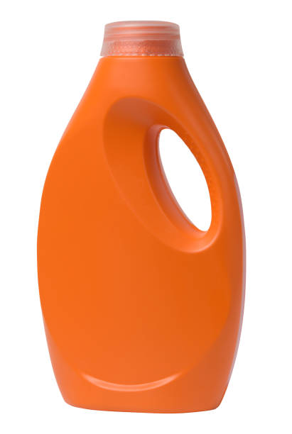 istock Orange plastic bottle for liquid detergents, for washing clothes on a white background 1488227045
