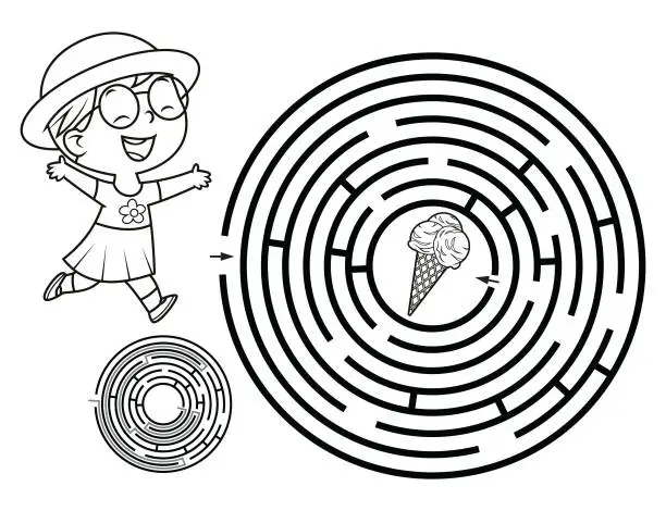 Vector illustration of Maze puzzle game for children. ice cream and little girl