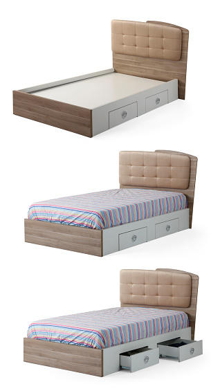 Set of single bed isolated on white background. Teen bed isolated on white background .