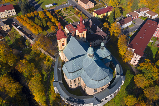 Aerial view - Monastery and Baroque Basilica church of the Visitation Virgin Mary, place of pilgrimage, Hejnice, Jizera mountain, Liberec region, Czech Republic