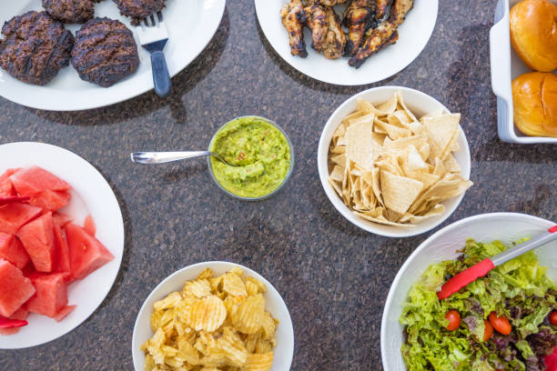 Buffet of food on a granter work surface