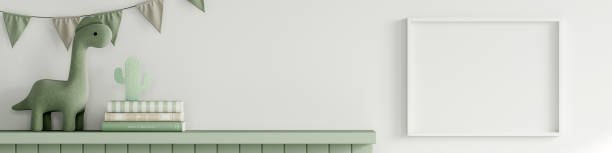 istock Frame mockup in green kids room interior, poster mockup, dinosaur frame mockup, 3d render 1488234547