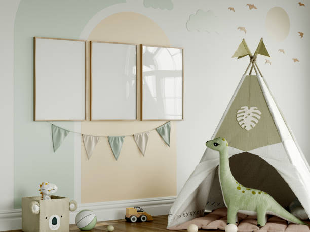 istock Frame mockup in green kids room interior, poster mockup, dinosaur frame mockup, 3d render 1488235281