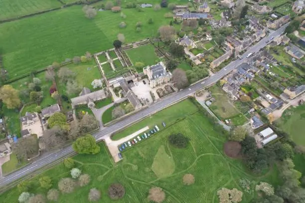 Photo of Bourton House Garden , Cotswold UK overhead drone aerial view