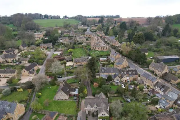 Photo of Bourton on the Hill Cotswold village UK drone aerial view