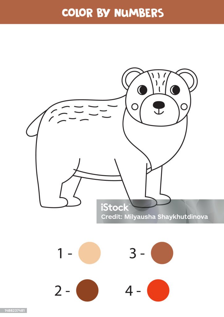 Coloring Page With Cute Cartoon Bear Color By Numbers Math Game For
