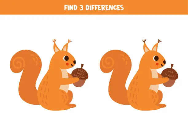 Vector illustration of Find 3 differences between two cute cartoon squirrels.