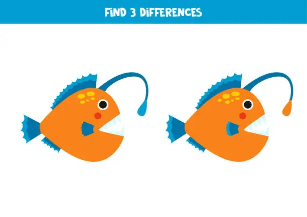 Vector illustration of Find 3 differences between two cute angler fish.