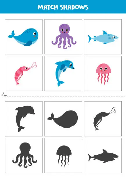 Vector illustration of Find shadows of cute sea animals. Cards for kids.