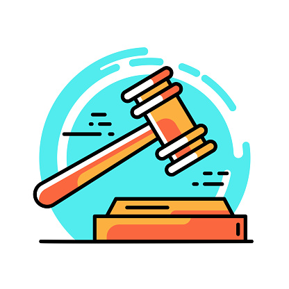 Vector illustration of an orange gavel and block against a teal background in line art style.